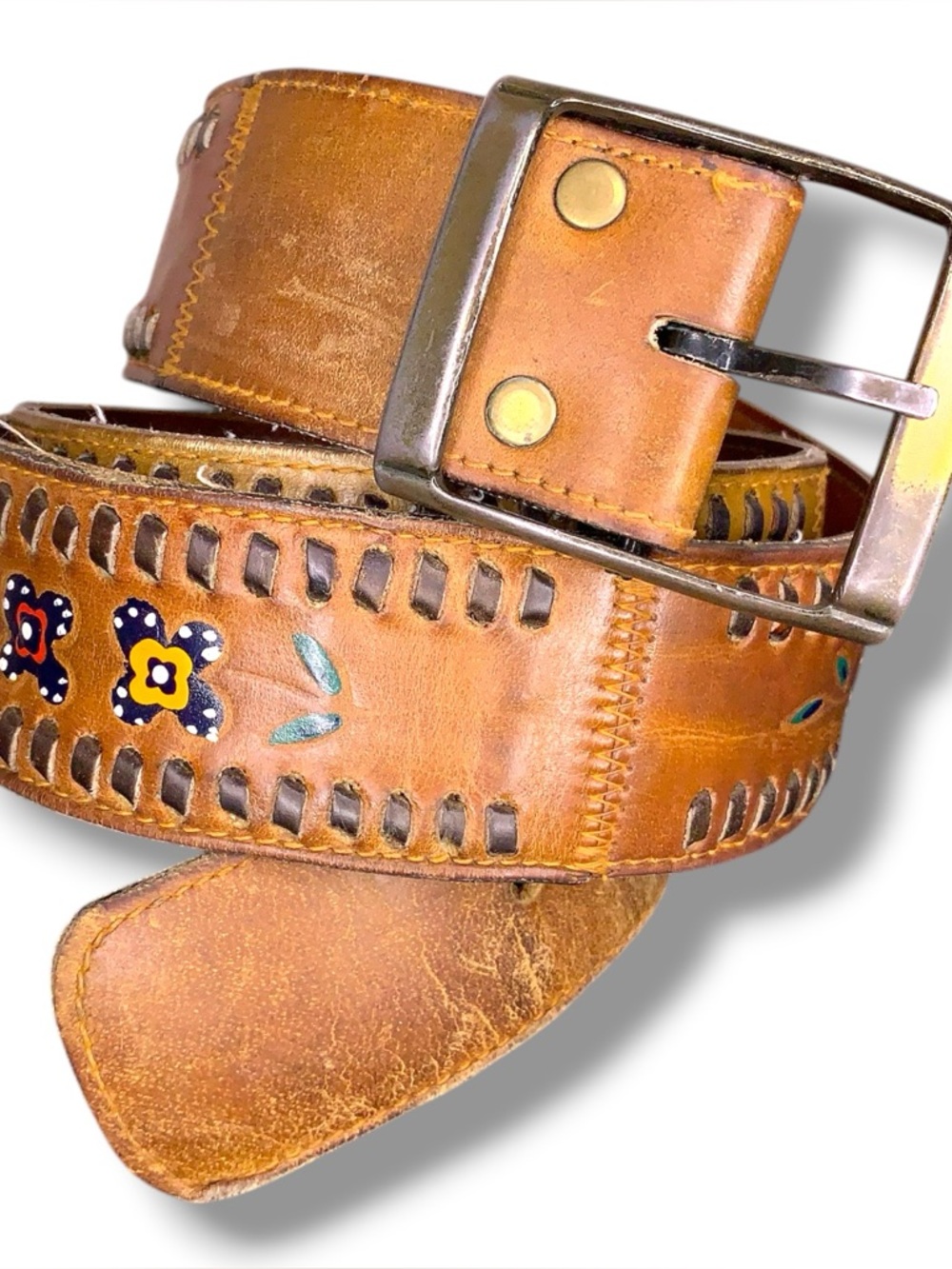 Vintage Lyntone Tan Brown Leather Belt Western Floral Accent Painted Steerhide